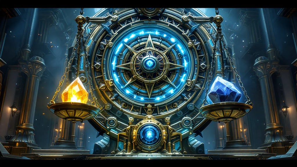 A hextech balance scale weighing a glowing gold crystal against a larger dark blue one, tipping the scale