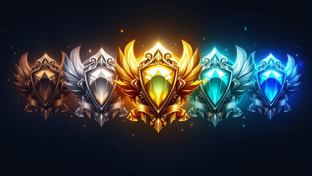 Emblèmes de rang classé dans League of Legends de Bronze à Diamant, avec le blason Or le plus grand au centre