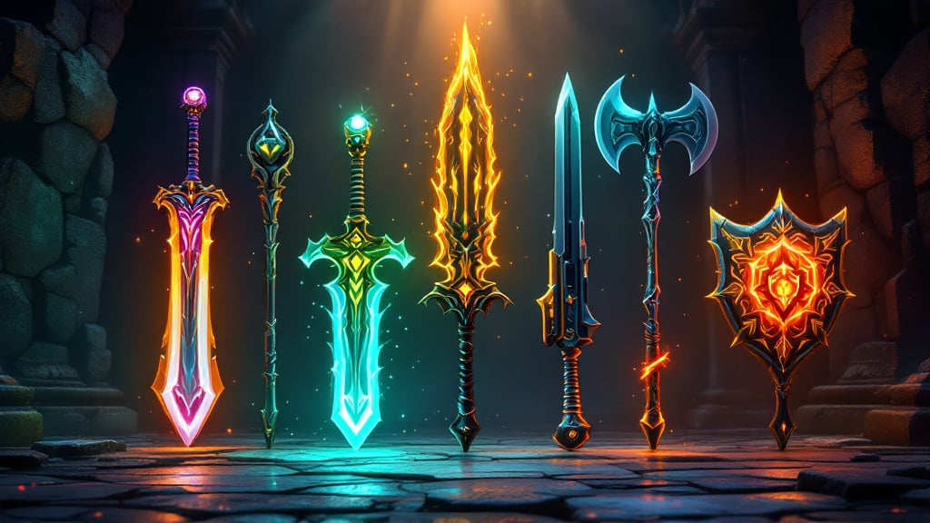 Five ornate glowing champion weapons standing in a dark stone armoury, one for each role