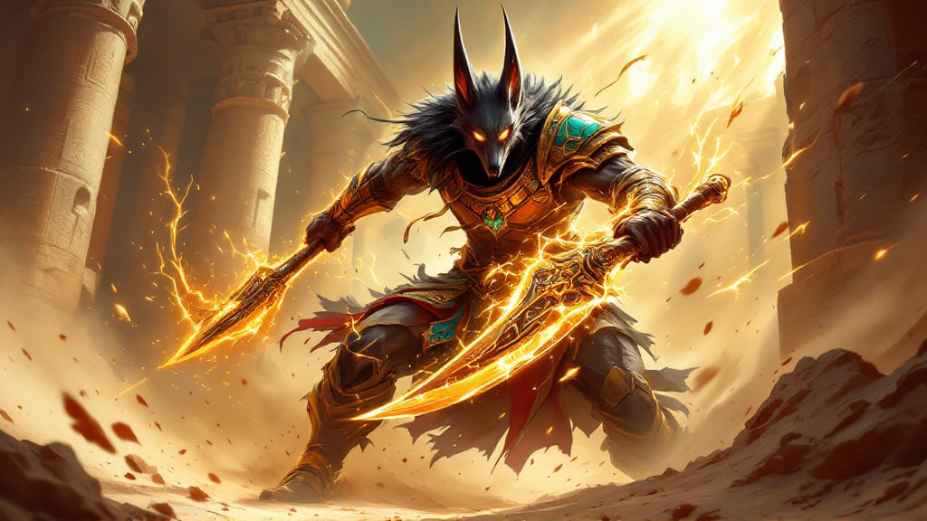 Jackal-headed Shurima warrior mid-swing with a glowing staff-blade, Nasus-style champion art