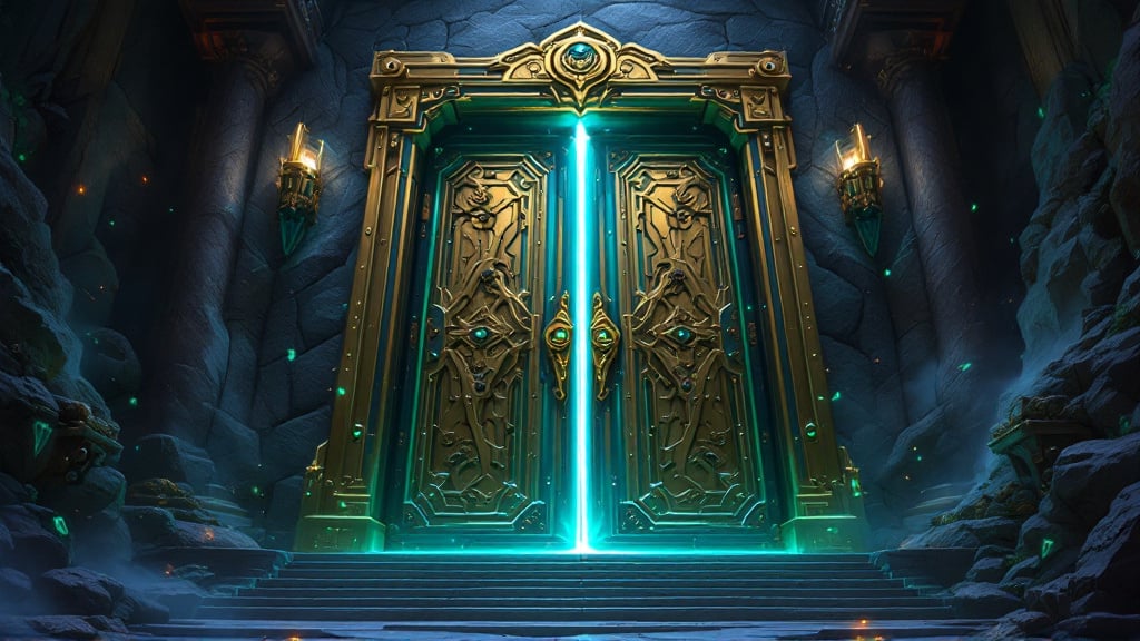 Une porte hextech scellée imprégnée d'énergie émeraude, une lumière bleue froide éclatant à travers la fente entre ses portes verrouillées