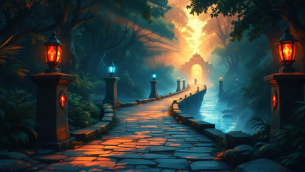 Summoner's Rift mid lane at dusk, a long stone path running toward a distant glowing gate