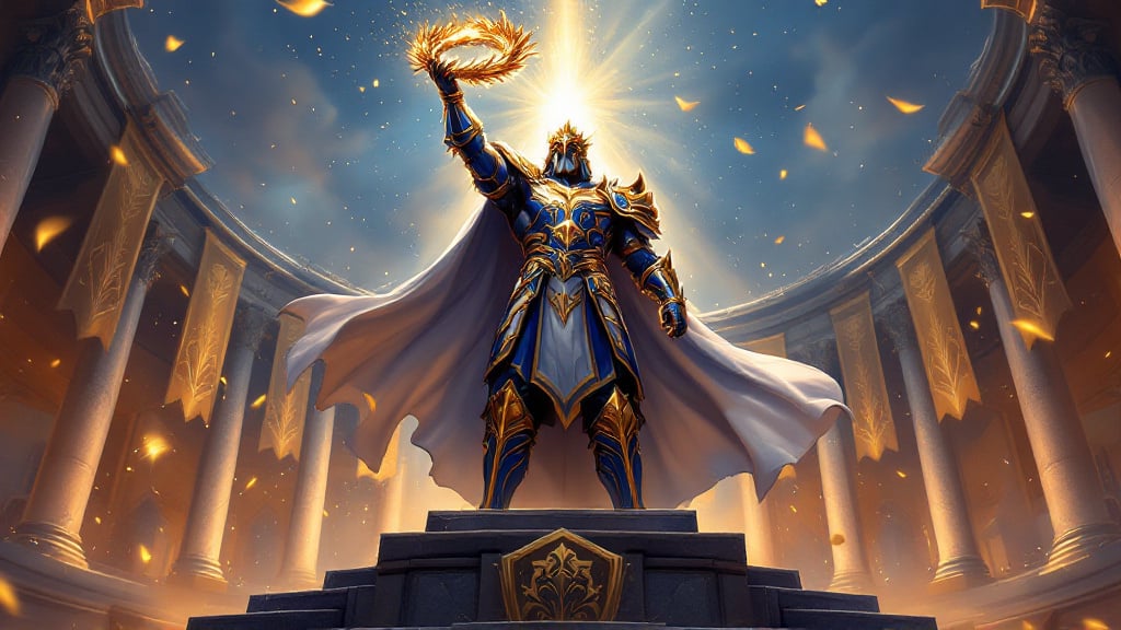 A champion in royal blue and gold ceremonial armour raising a golden laurel wreath on a victory dais